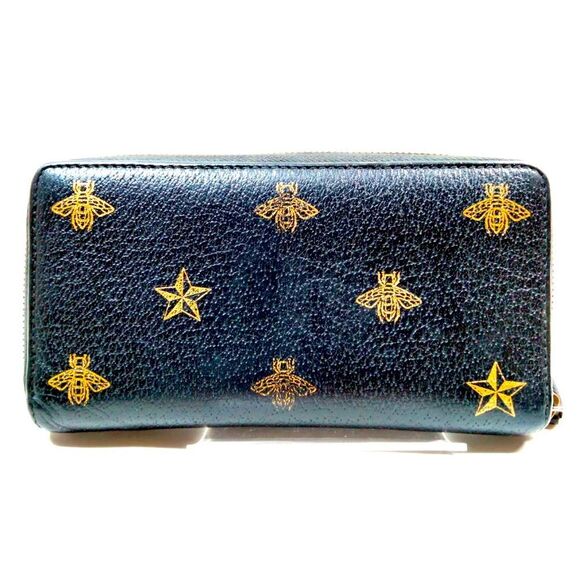 Authentic Gucci Continental Black Leather Gold Filigree Bee Star Zippy Wallet - Picture 2 of 9